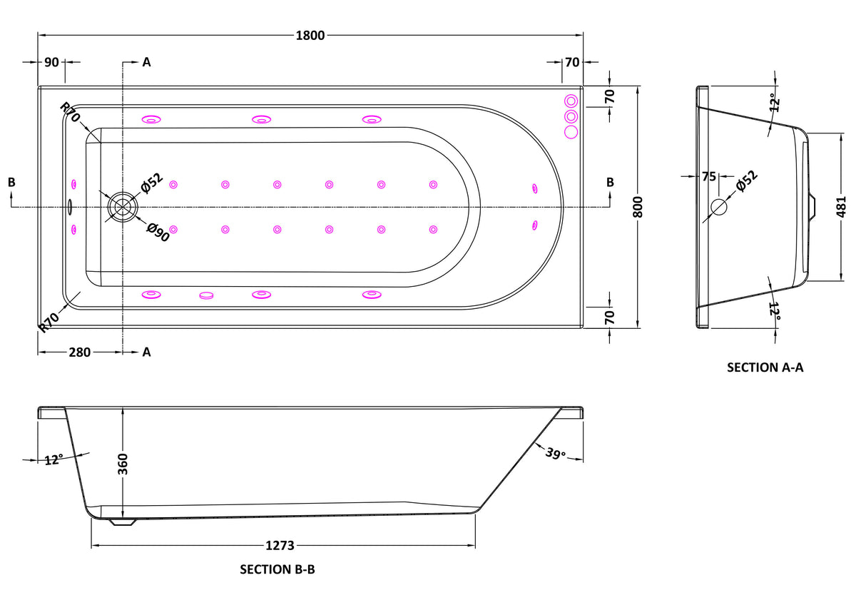 Modern Splash 1800mm Single Ended 11 Jet Hydrotherapy Whirlpool Bath