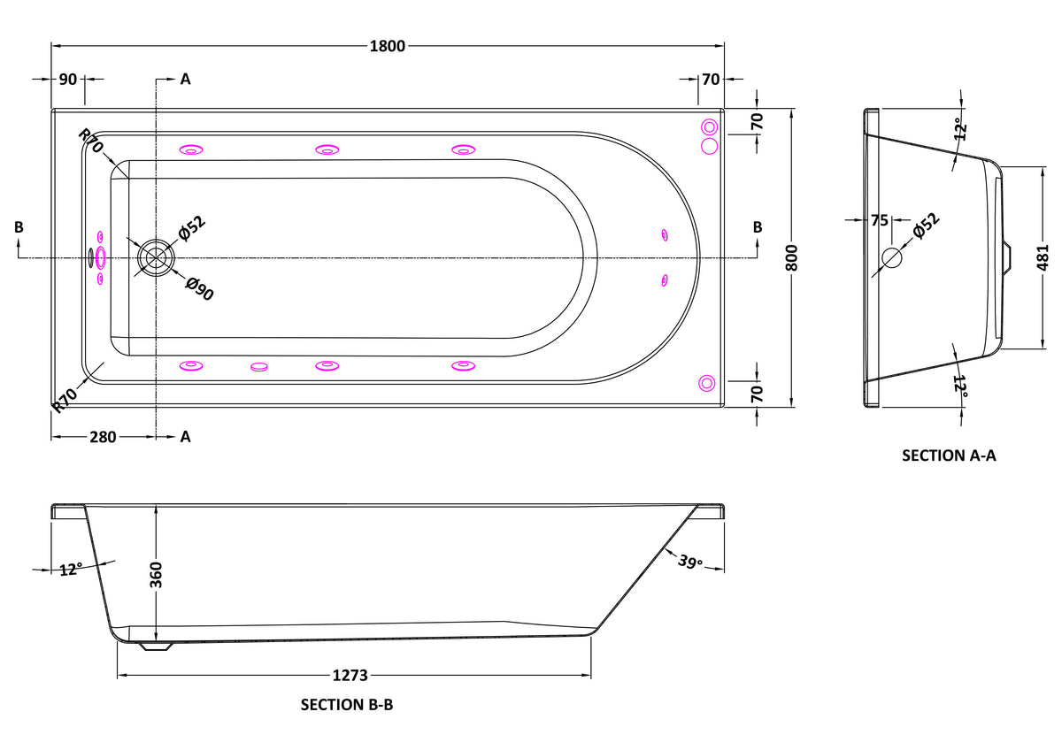 Modern Splash 1800mm Single Ended 11 Jet Whirlpool Bath With Light