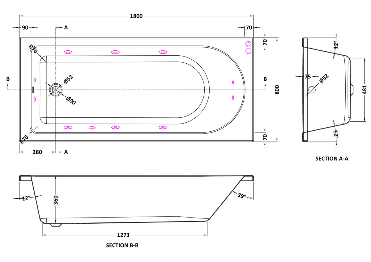 Modern Splash 1800mm Single Ended 11 Jet Whirlpool Bath