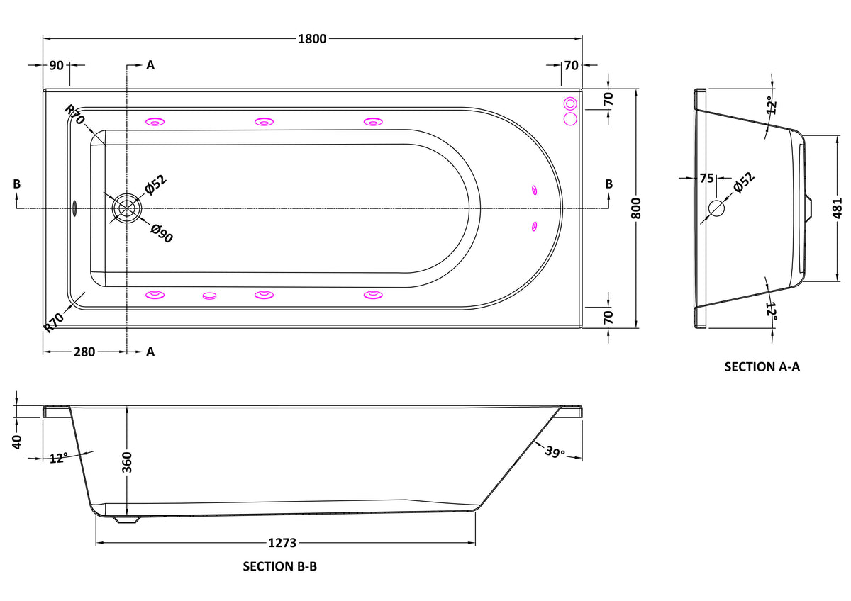 Modern Splash 1800mm Single Ended 8 Jet Whirlpool Bath