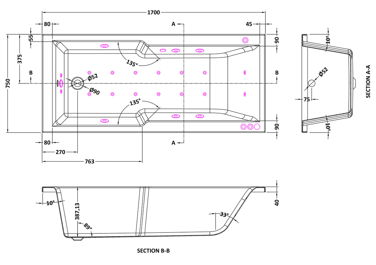 Modern Splash 1700mm Single Ended Straight 11 Jet Hydrotherapy Whirlpool Shower Bath With Light