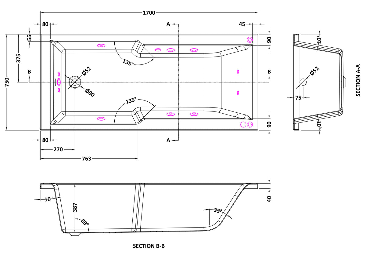 Modern Splash 1700mm Single Ended Straight 11 Jet Whirlpool Shower Bath With Light