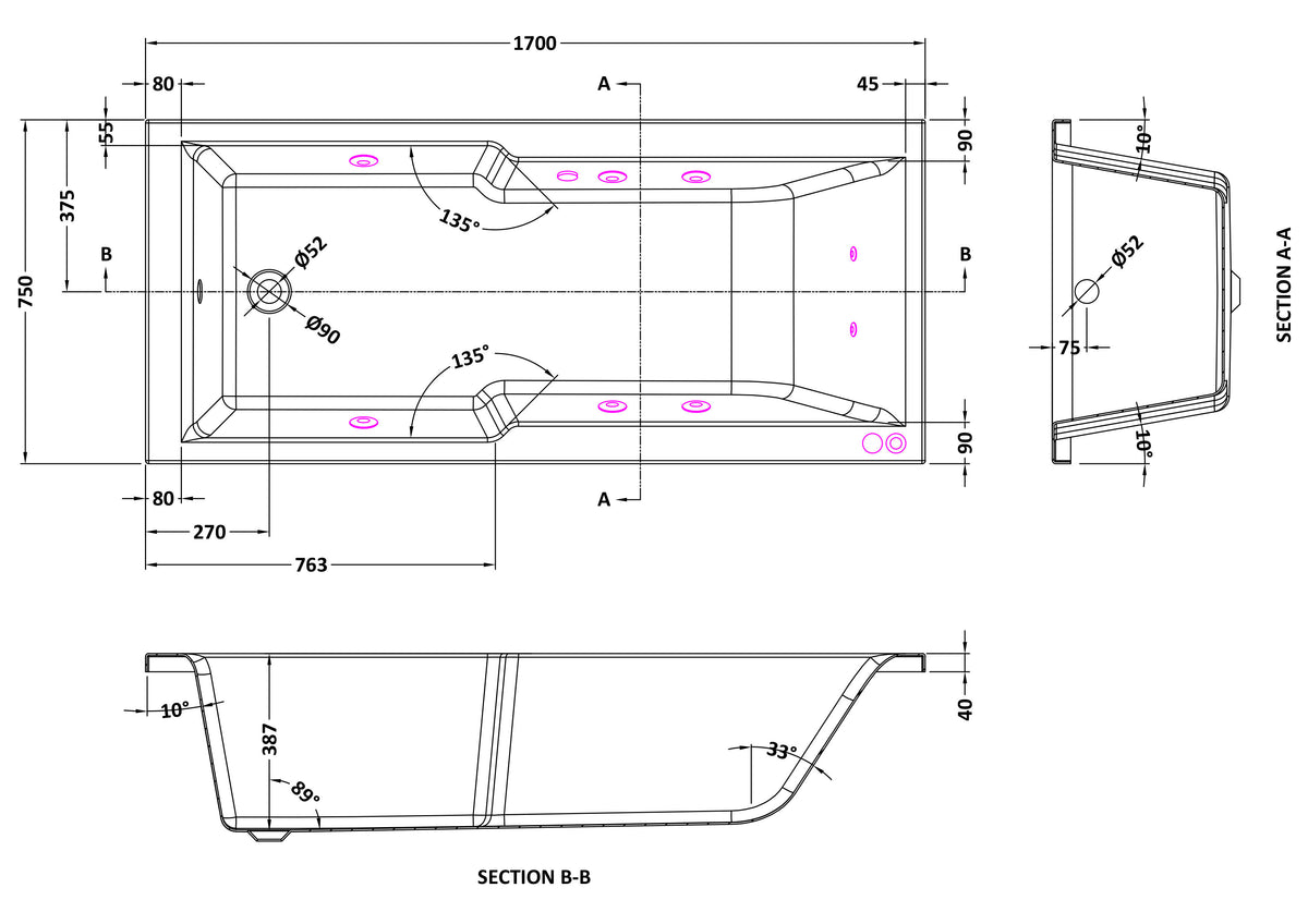 Modern Splash 1700mm Single Ended Straight 8 Jet Whirlpool Shower Bath