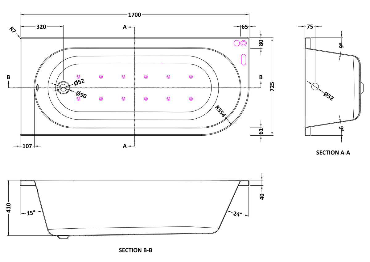 Modern Splash 1700mm Left Hand Curved Corner Hydrotherapy Whirlpool Bath