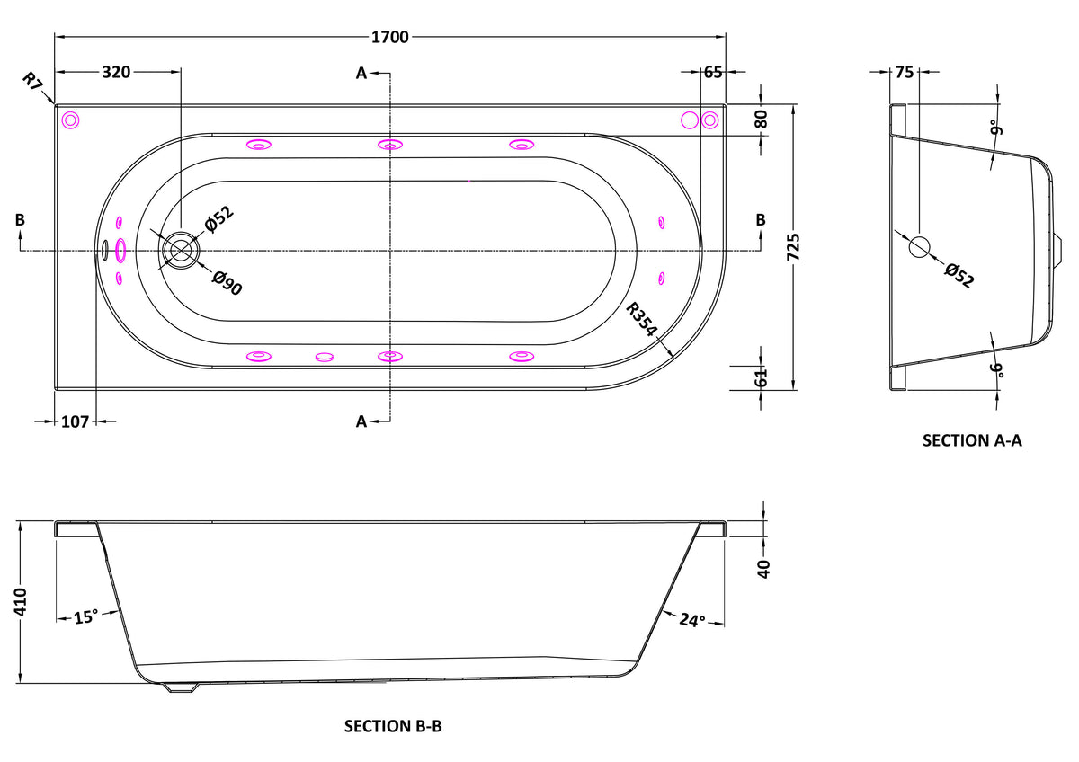 Modern Splash 1700mm Left Hand Curved Corner 11 Jet Whirlpool Bath With Light