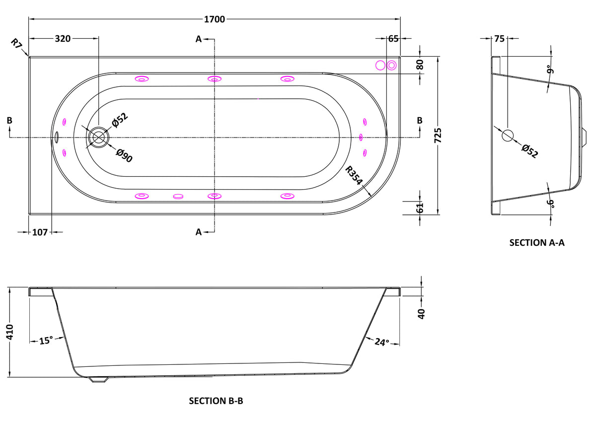 Modern Splash 1700mm Left Hand Curved Corner 11 Jet Whirlpool Bath