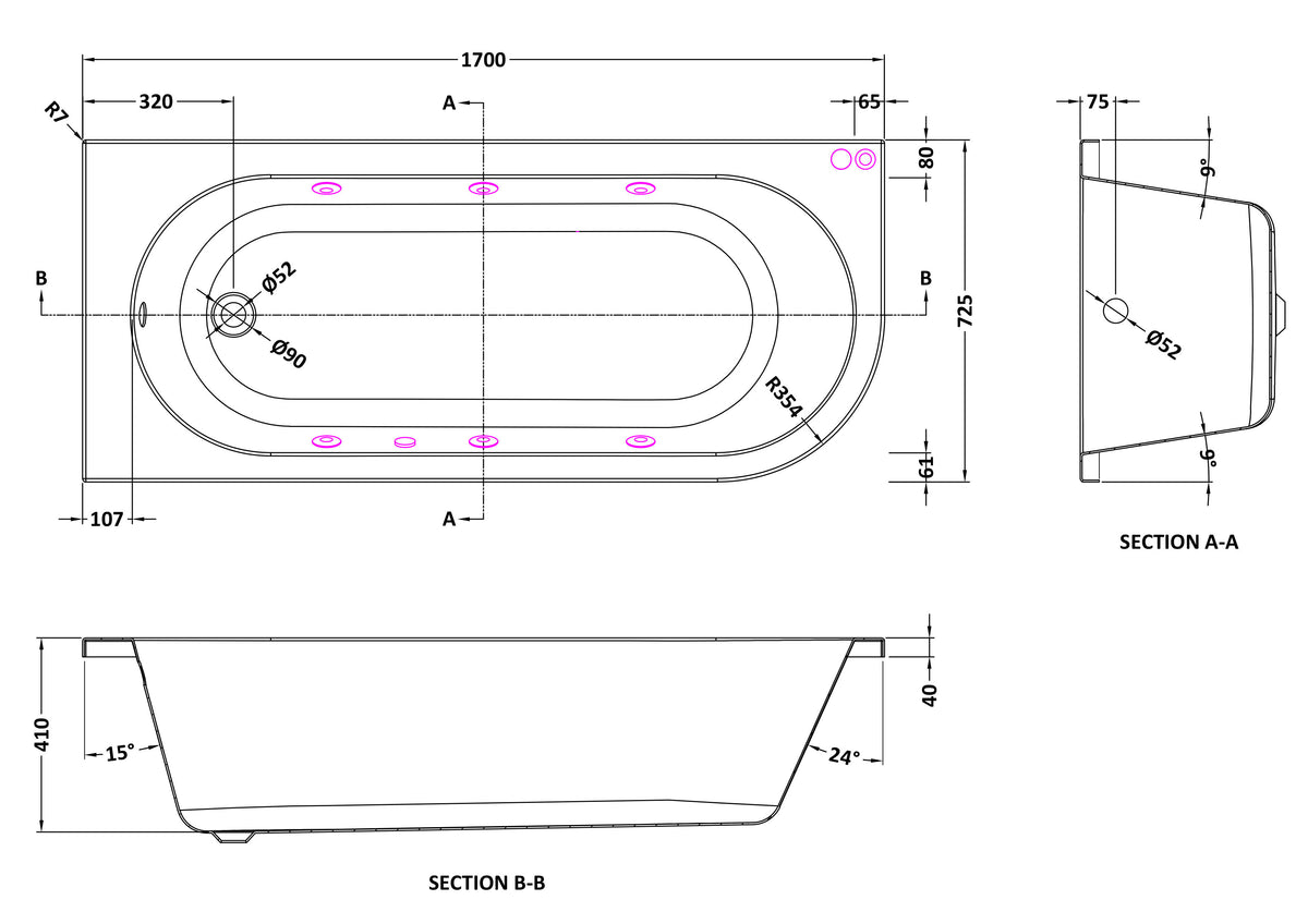 Modern Splash 1700mm Left Hand Curved Corner 6 Jet Whirlpool Bath