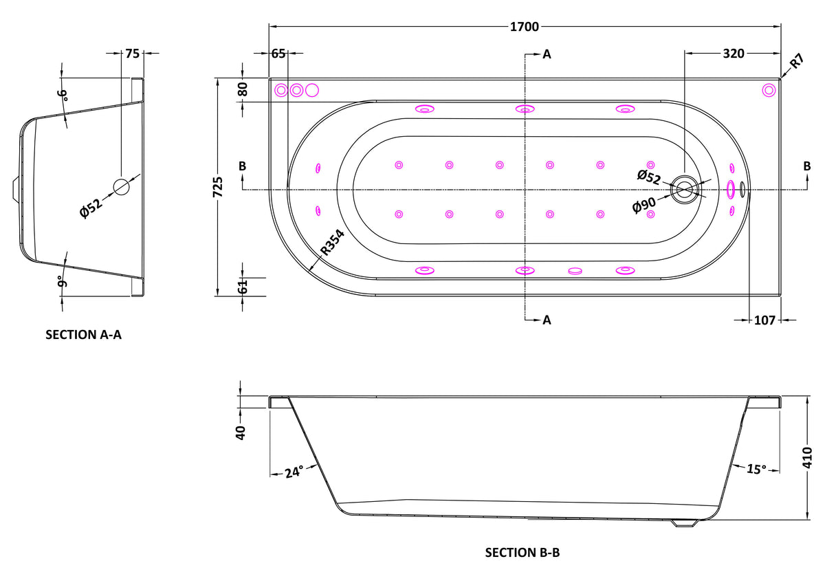 Modern Splash 1700mm Right Hand Curved Corner 11 Jet Hydrotherapy Whirlpool Bath With Light