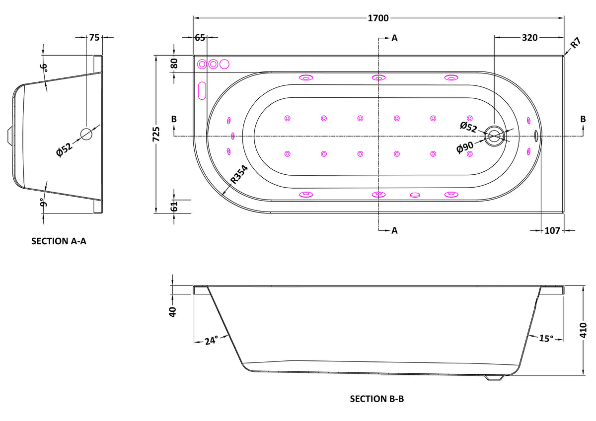 Modern Splash 1700mm Right Hand Curved Corner 11 Jet Hydrotherapy Whirlpool Bath