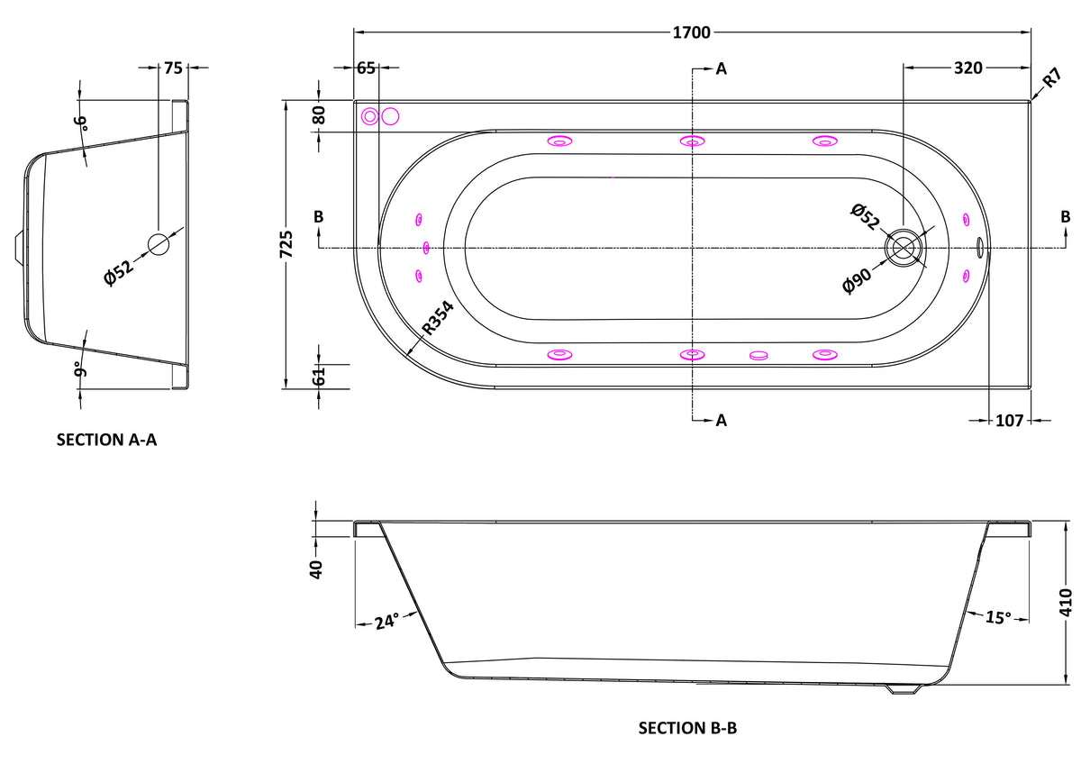 Modern Splash 1700mm Right Hand Curved Corner 11 Jet Whirlpool Bath