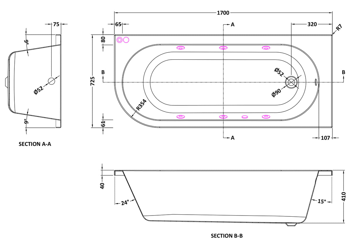 Modern Splash 1700mm Right Hand Curved Corner 6 Jet Whirlpool Bath