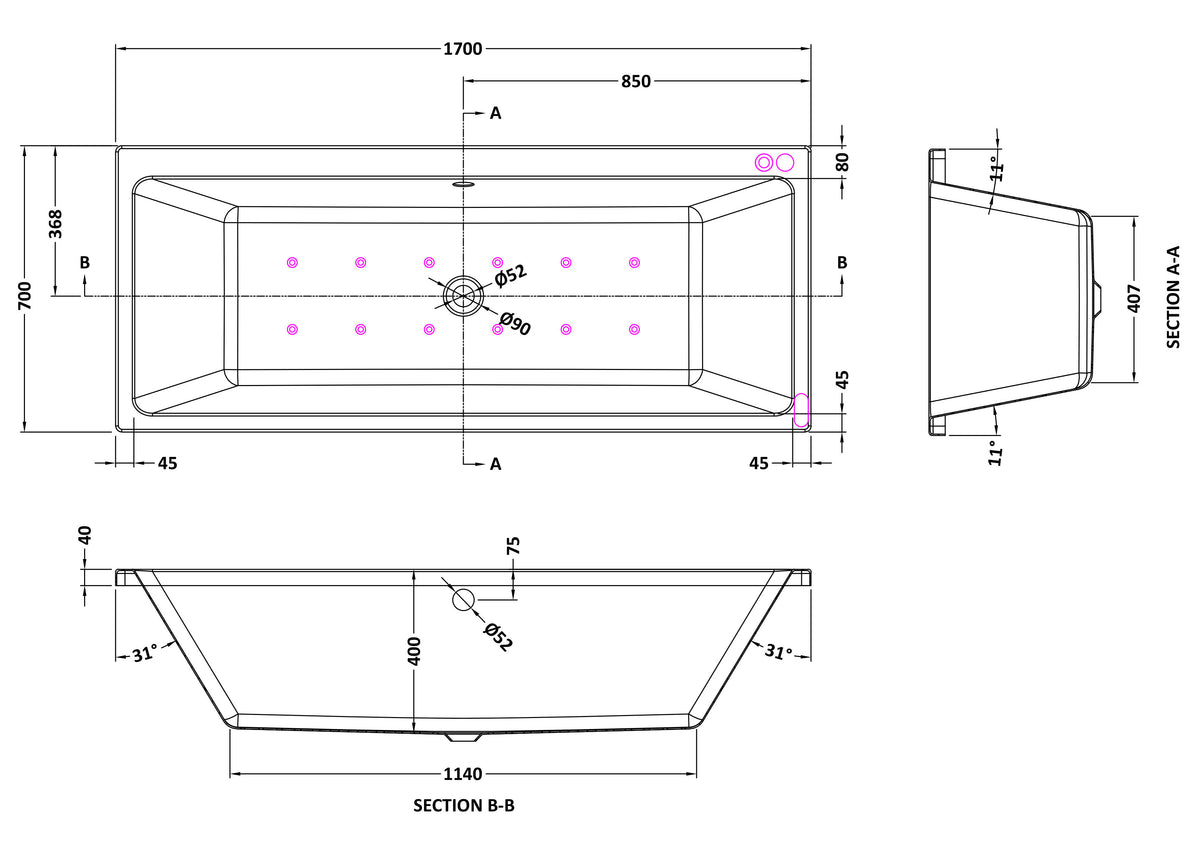Modern Splash 1700mm x 700mm Thin Edge Hydrotherapy Whirlpool Shower Bath