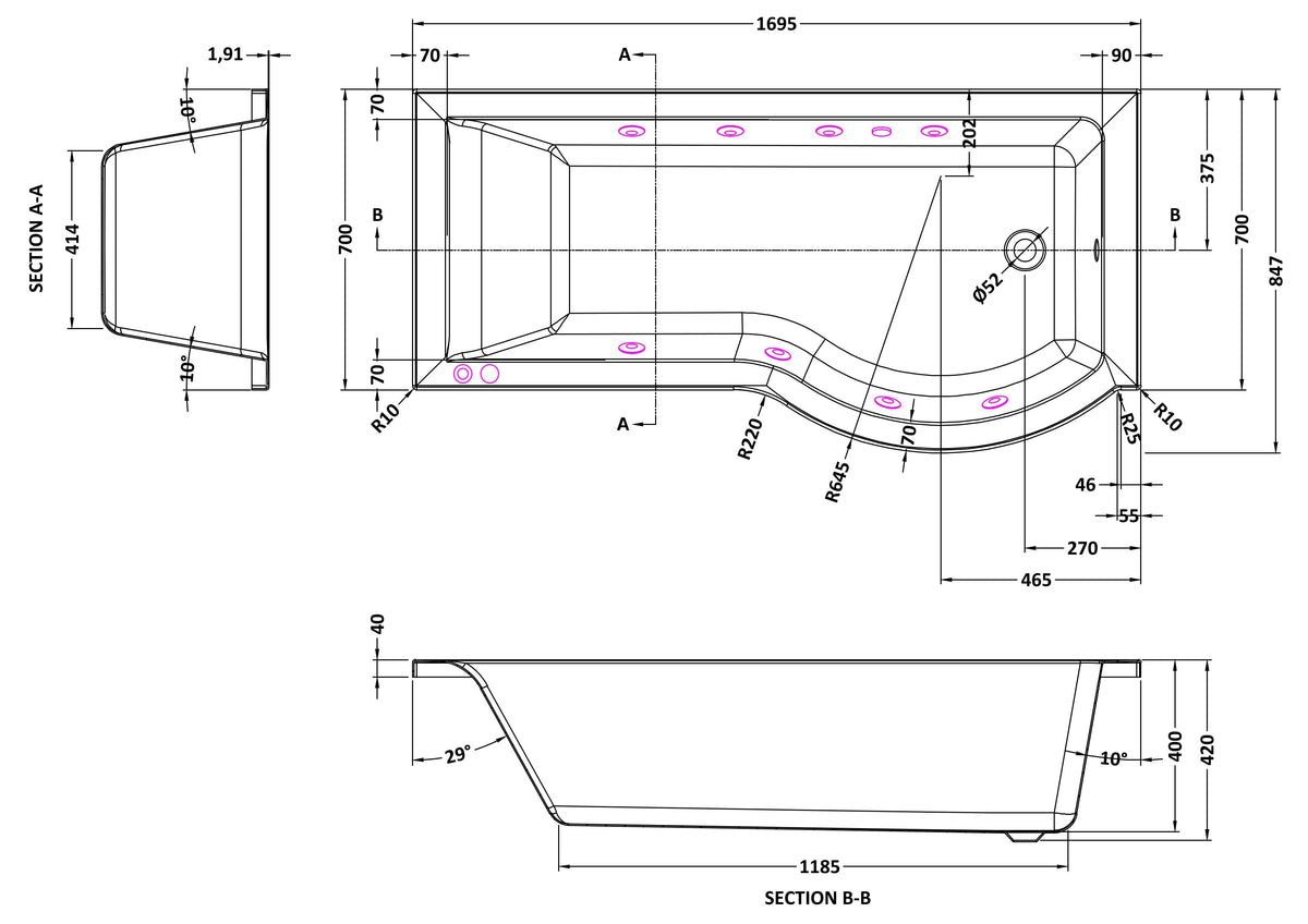 Modern Splash 1700mm P Shape Right Hand 8 Chrome Jet Whirlpool Bath