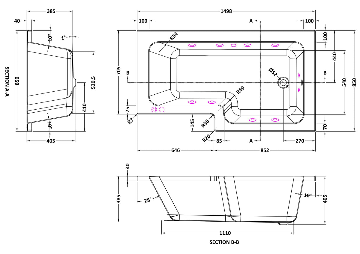 Modern Splash 1500mm L Shape Right Hand 8 Chrome Jet Whirlpool Bath
