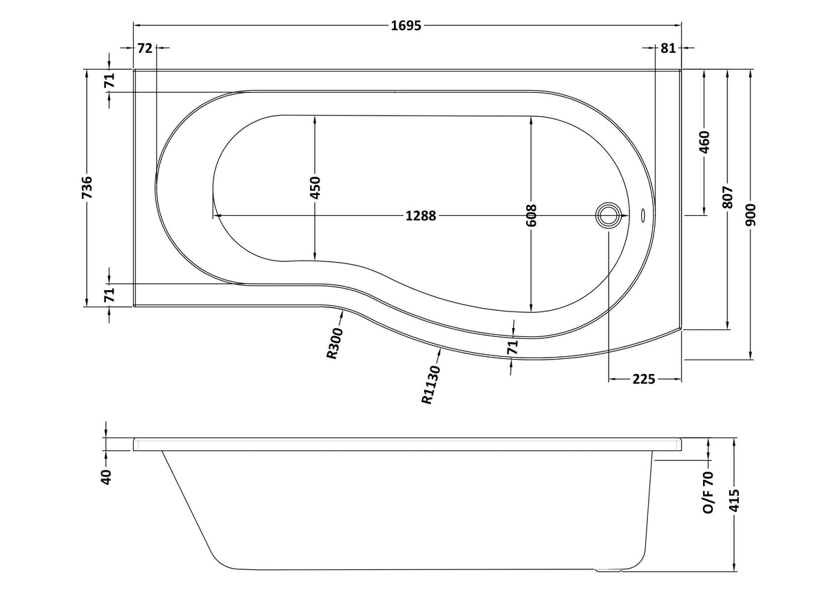 Modern Splash 1700mm Shower B-Shaped Right-Hand Bath