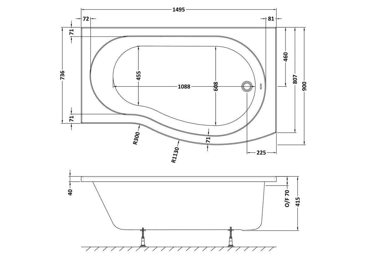 Modern Splash 1495mm Right-Hand B Shaped Shower Bath With Legs