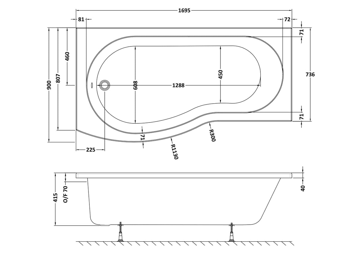 Modern Splash 1695mm Left-Hand B Shaped Shower Bath With Legs