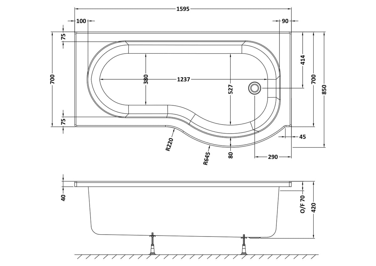 Modern Splash 1600mm Right-Hand P Shaped Shower Bath With Legs