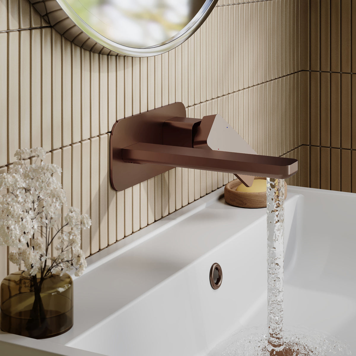 Modern Splash Brushed Bronze 2 Tap Hole Wall Mounted Basin Mixer
