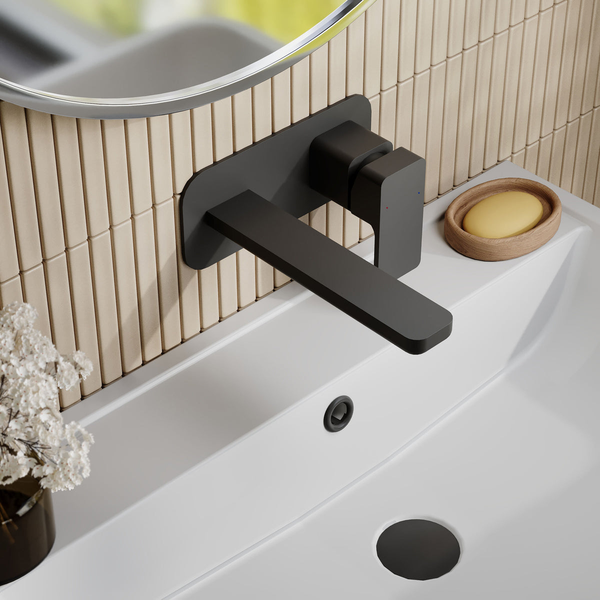 Modern Splash Matt Black 2 Tap Hole Wall Mounted Basin Mixer