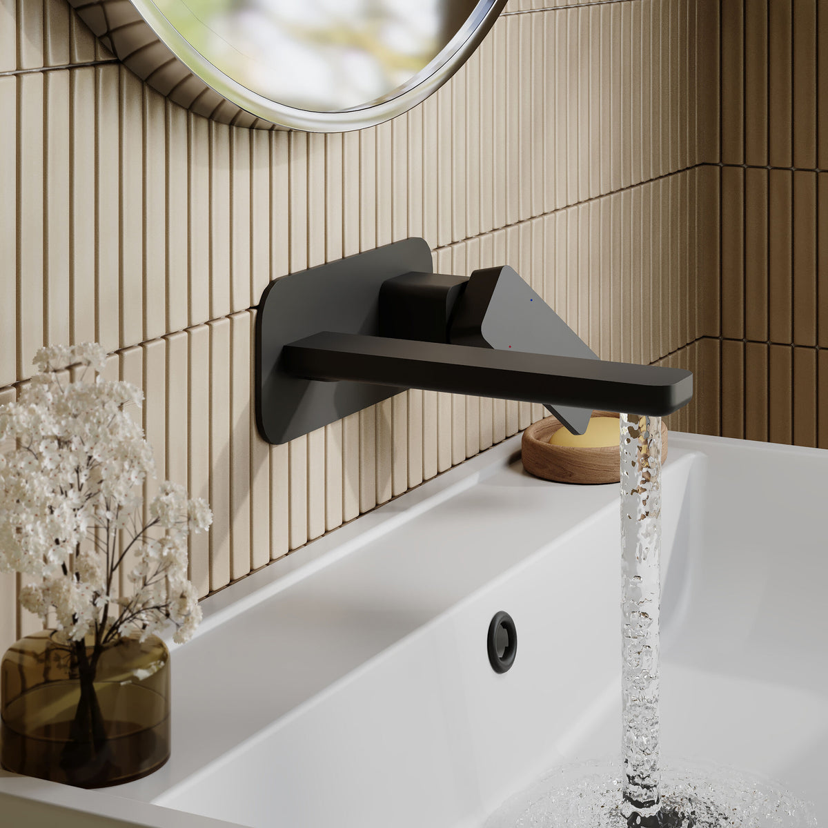 Modern Splash Matt Black 2 Tap Hole Wall Mounted Basin Mixer