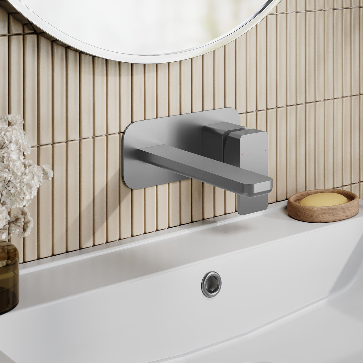 Modern Splash Brushed Pewter 2 Tap Hole Wall Mounted Basin Mixer
