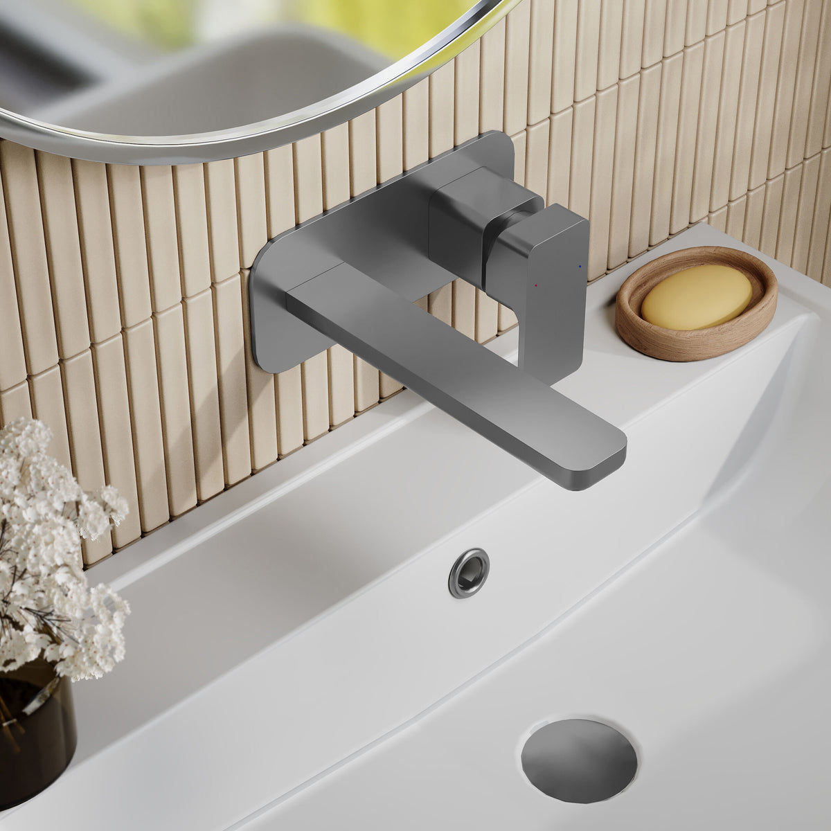 Modern Splash Brushed Pewter 2 Tap Hole Wall Mounted Basin Mixer