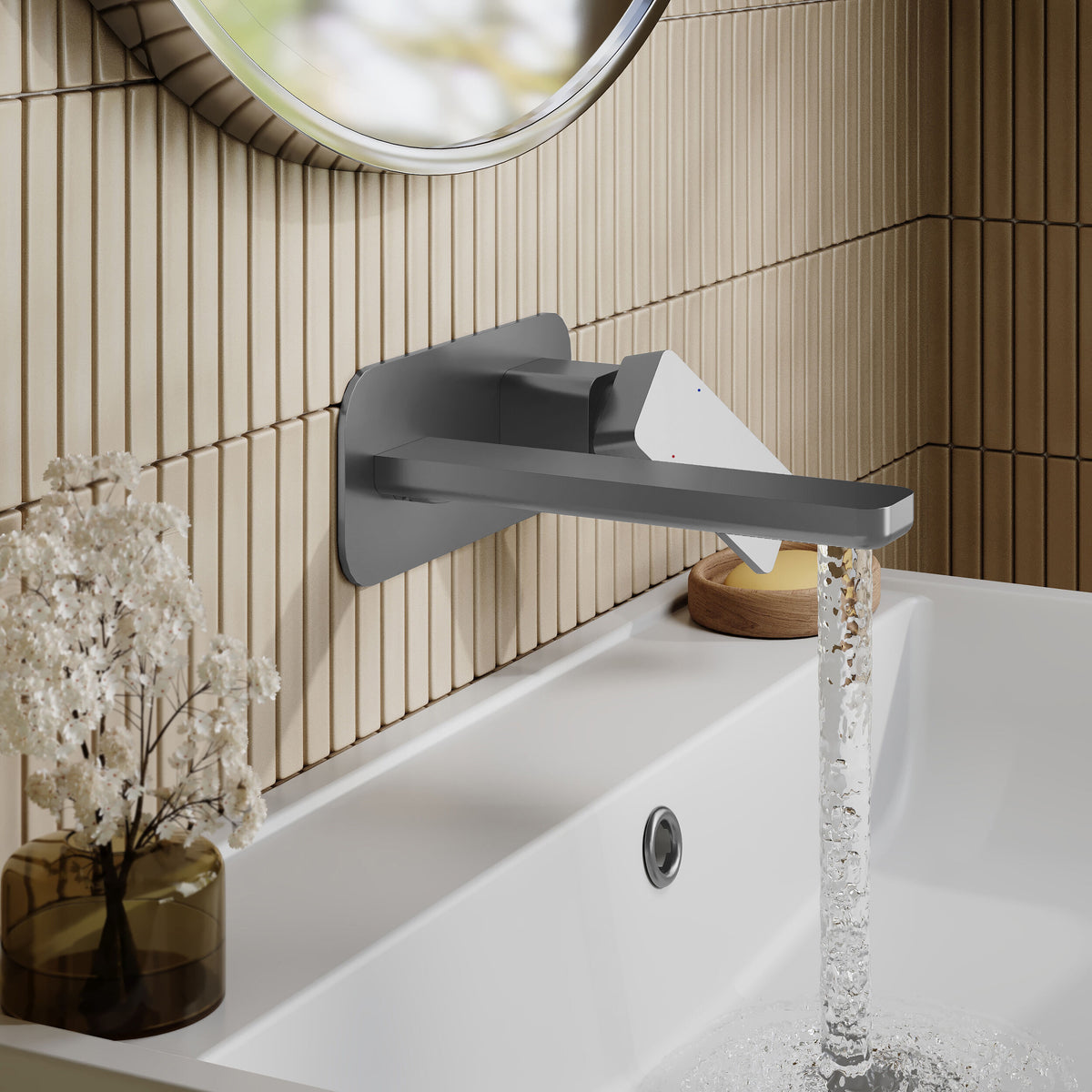 Modern Splash Brushed Pewter 2 Tap Hole Wall Mounted Basin Mixer