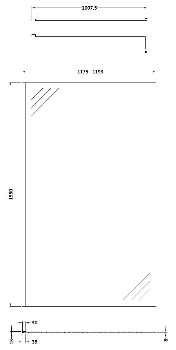 Hudson Reed 1200mm Chrome Wetroom Screen With Support Bar