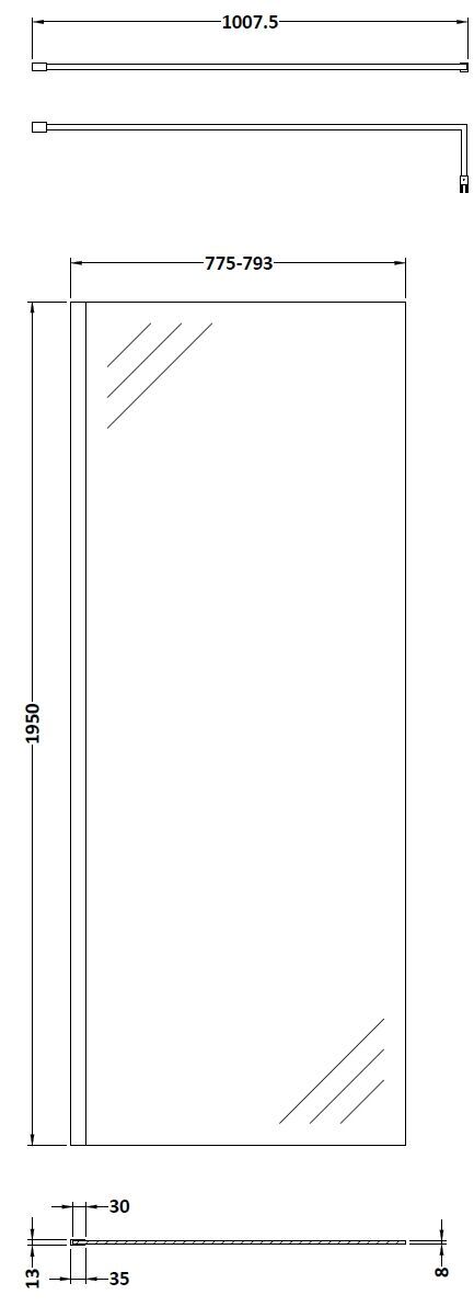 Hudson Reed 800mm Chrome Wetroom Screen With Support Bar
