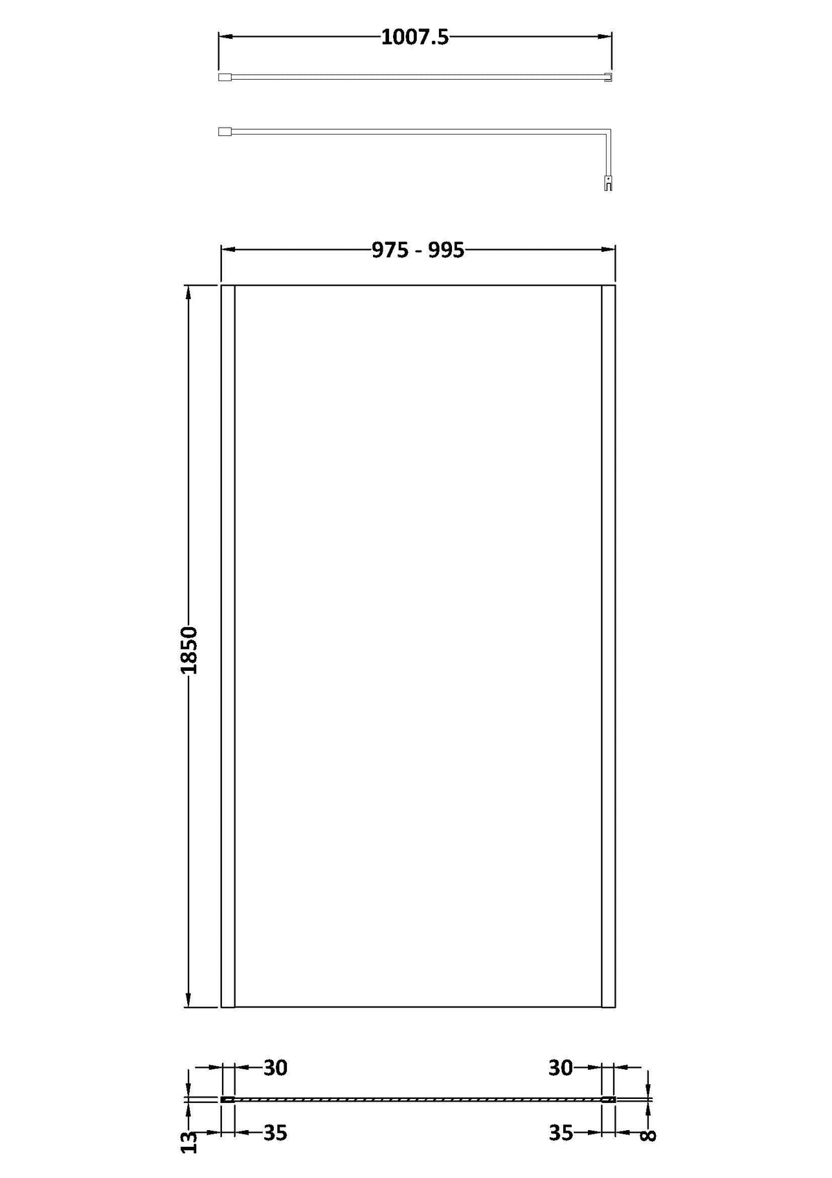 Modern Splash 1000mm Matt Black Wetroom Screen With Support Bar