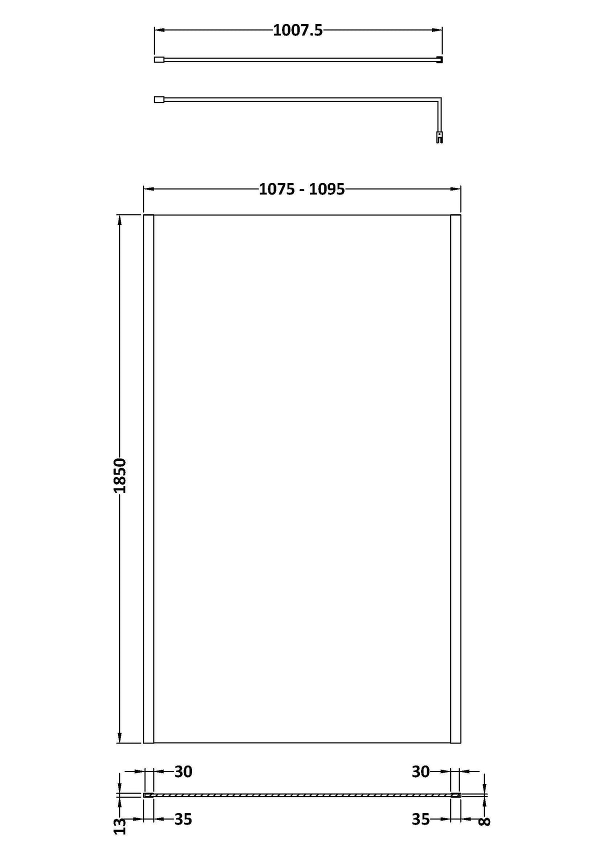 Modern Splash 1100mm Matt Black Wetroom Screen With Support Bar