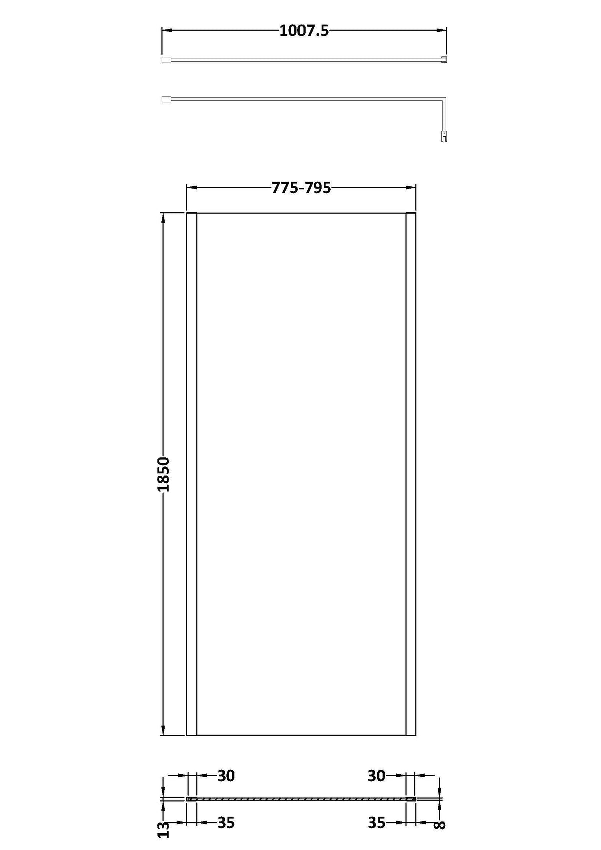 Modern Splash 800mm Matt Black Wetroom Screen With Support Bar