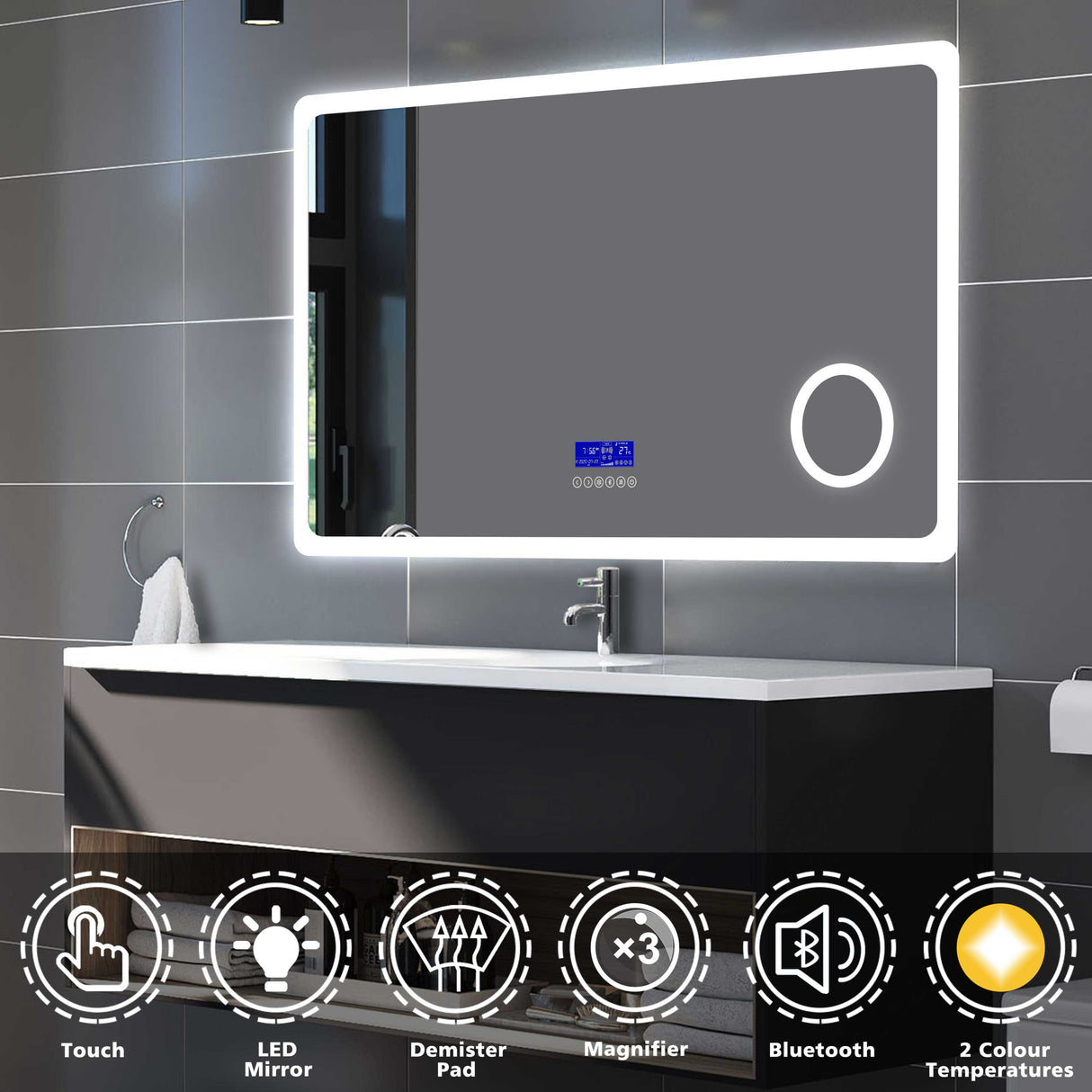 Modern Splash Bluetooth LED Mirror with Demister Pad 3x Magnifier