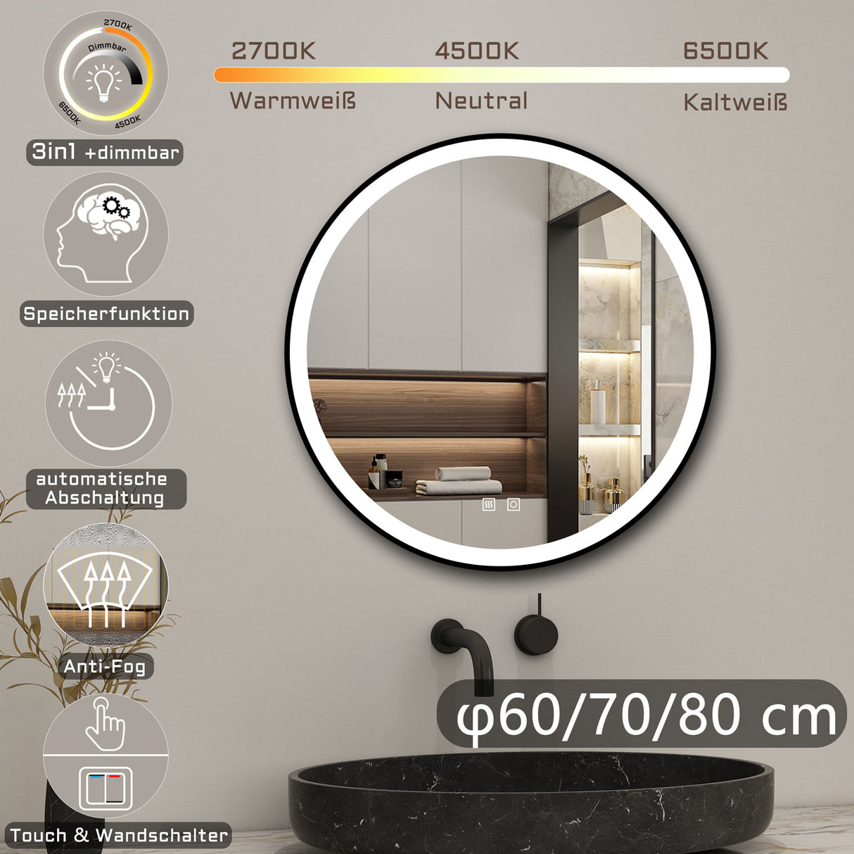 Modern Splash Led Round Mirror- BM-HDYK1704H