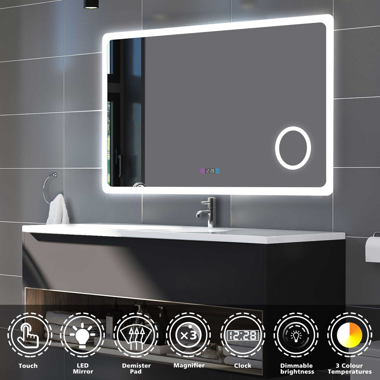 Modern Splash LED Mirror with Clock, 3x Magnifying Adjustable Brightness
