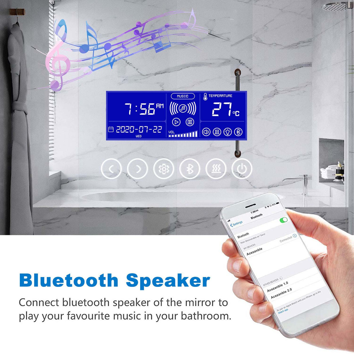 Modern Splash Bluetooth LED Mirror with Demister Pad 3x Magnifier