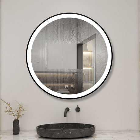 Modern Splash round framed LED bathroom mirror BM-HDFK1704H — thin black frame for contemporary bathrooms