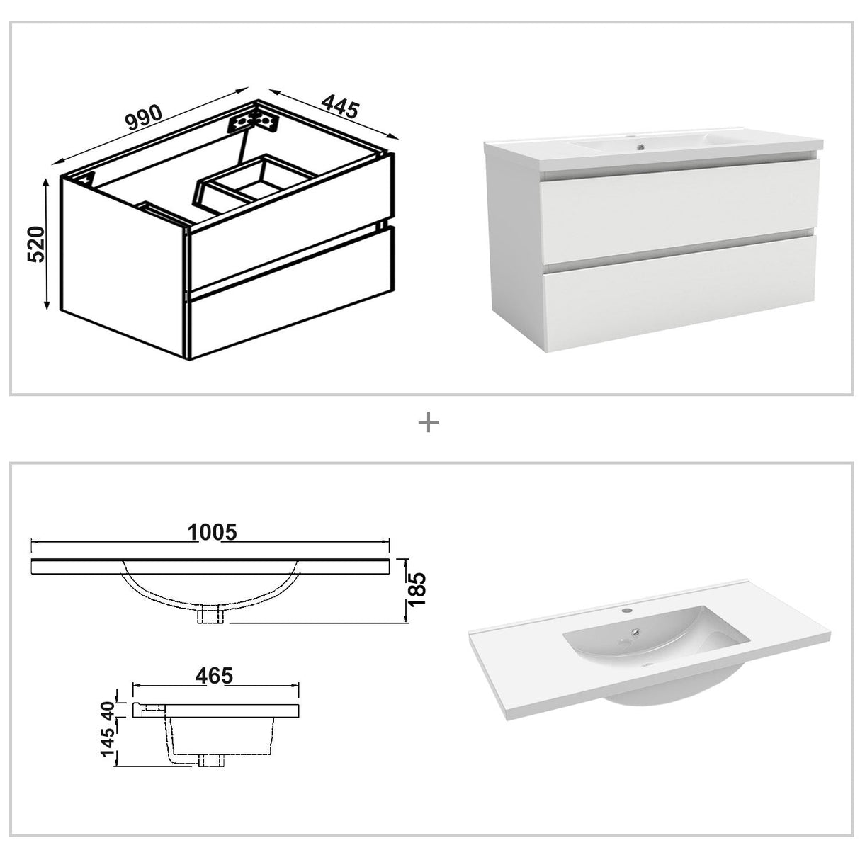 1000mm white bathroom vanity unit