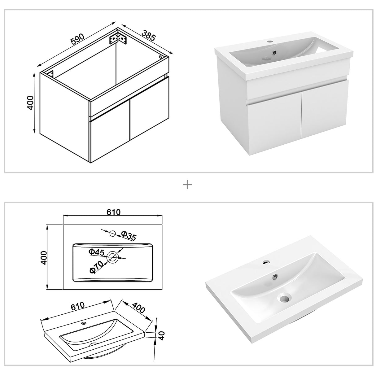 Modern Splash Mat White Wall-Mounted Bathroom Vanity Unit With Basin Double Doors  590*385*400mm
