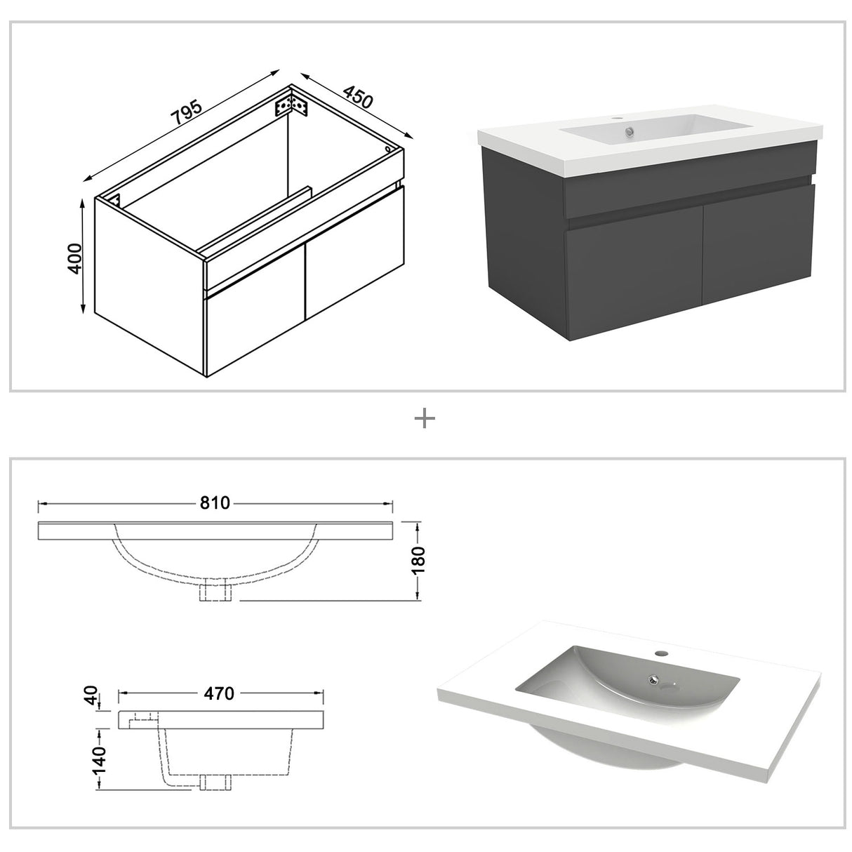 Modern Splash Mat Anthracite Wall-Mounted Bathroom Vanity Unit With Basin Double Doors  790*450*400mm