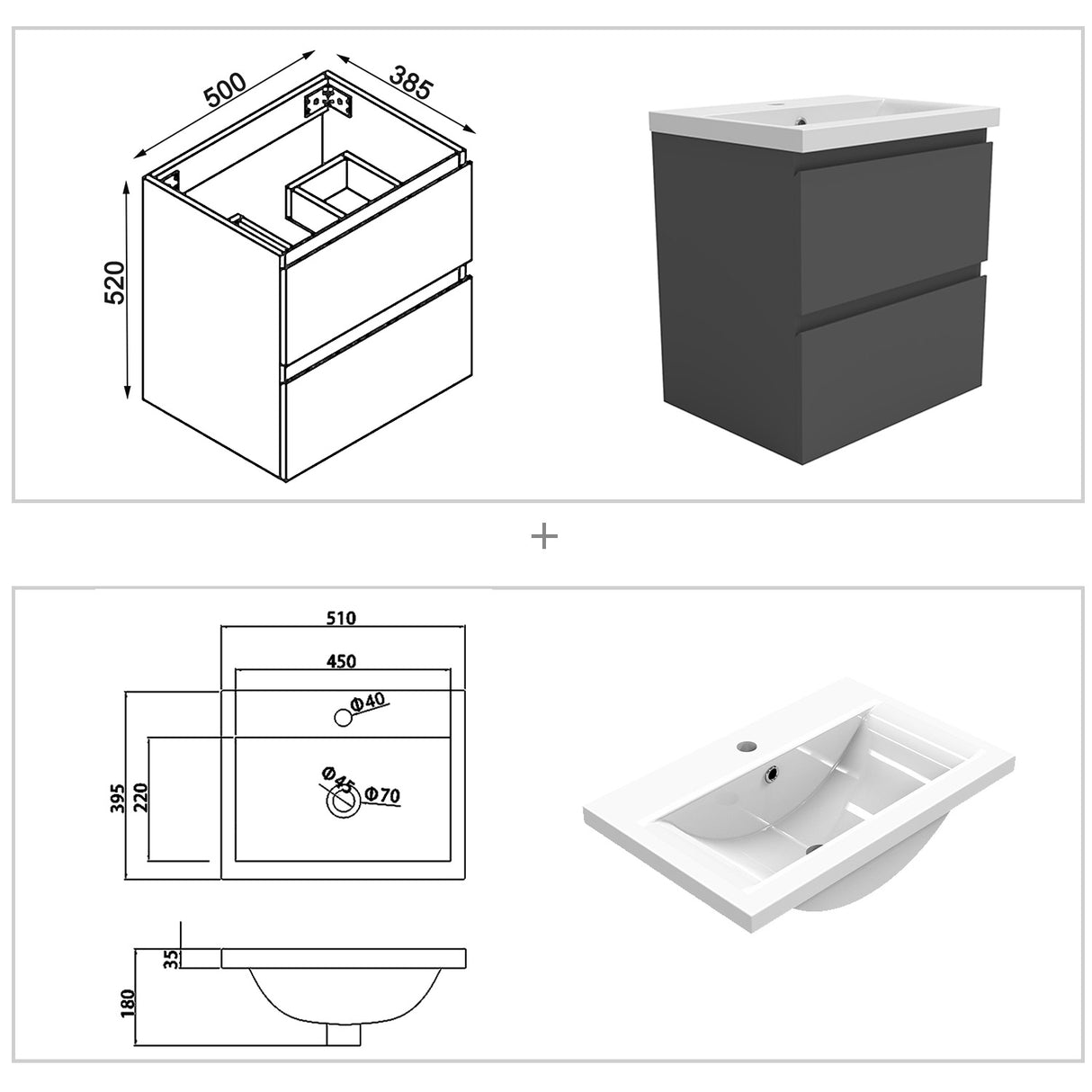 Modern Splash Wall Mounted Bathroom Vanity Unit With Thick Ceramic Basin And 2 Soft Close Drawers GreMD 500*385*520mm