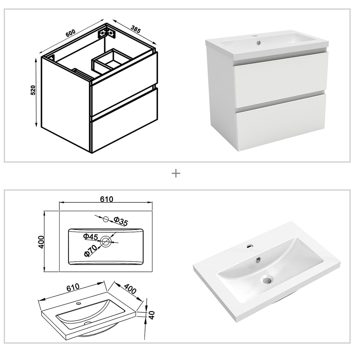 Modern Splash Wall Mounted Bathroom Vanity Unit With Artificial Stone Basin And 2 Soft Close Drawers White 600*385*520mm