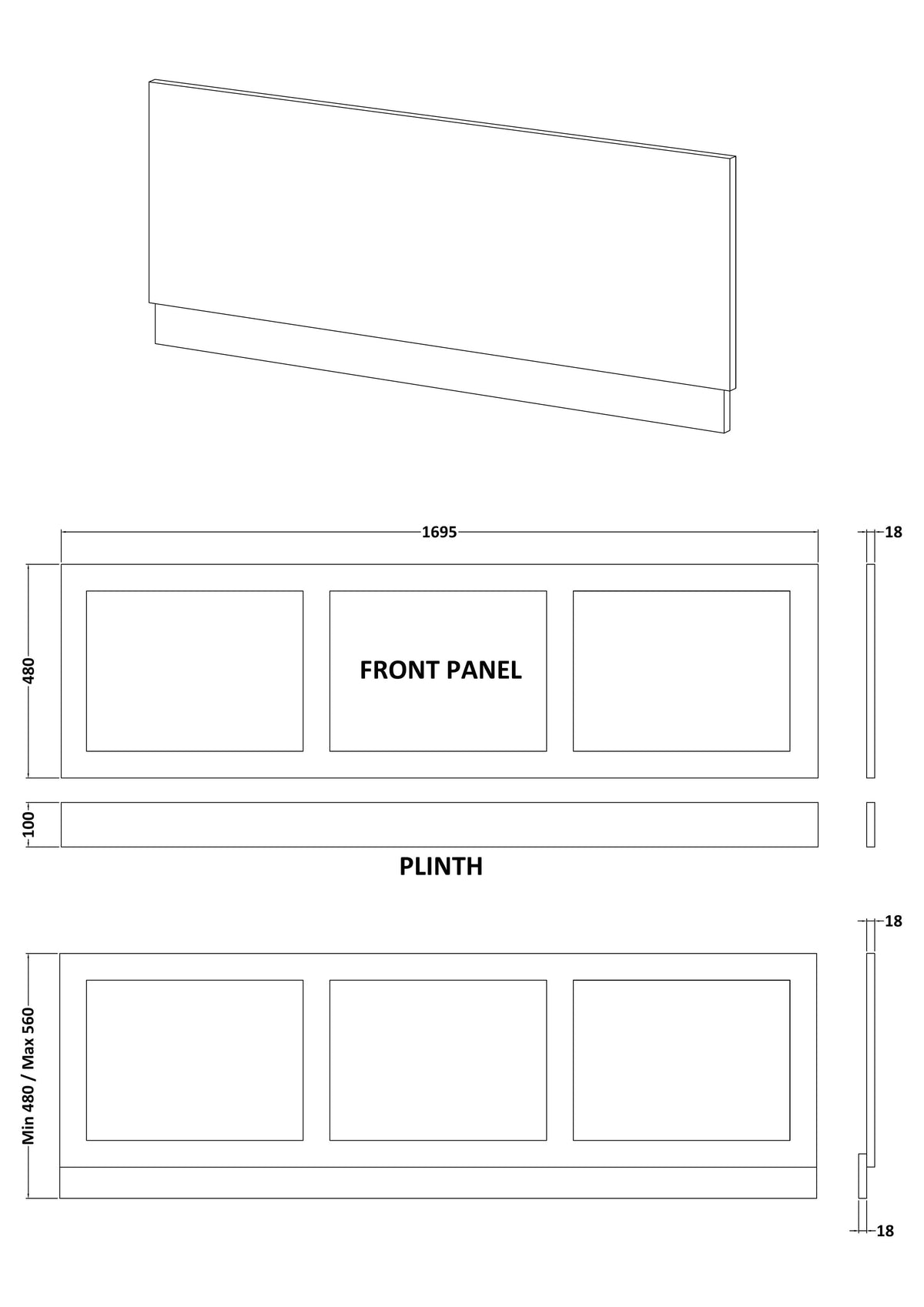 Modern Splash  1700mm Shaker Style Waterproof Front Bath Panel