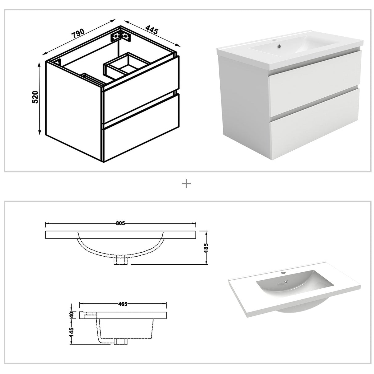 800mm Wide Wall Mounted Vanity Units and Sink 2 Drawers - Matt White