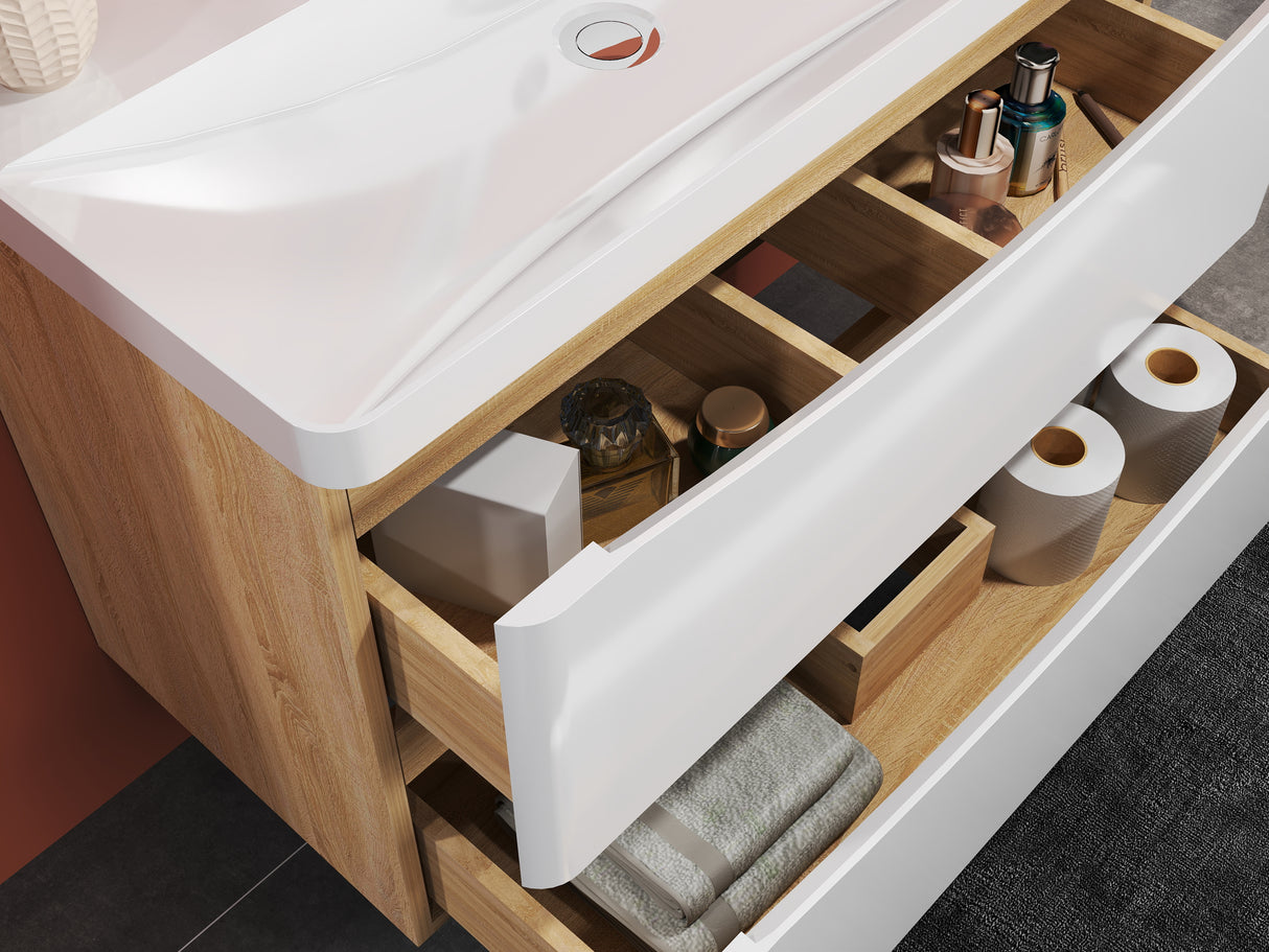 Modern Splash Wall Mounted Bathroom Vanity Unit With Artificial Stone Basin And 2 Soft Close Drawers White Oak 800*395*500mm