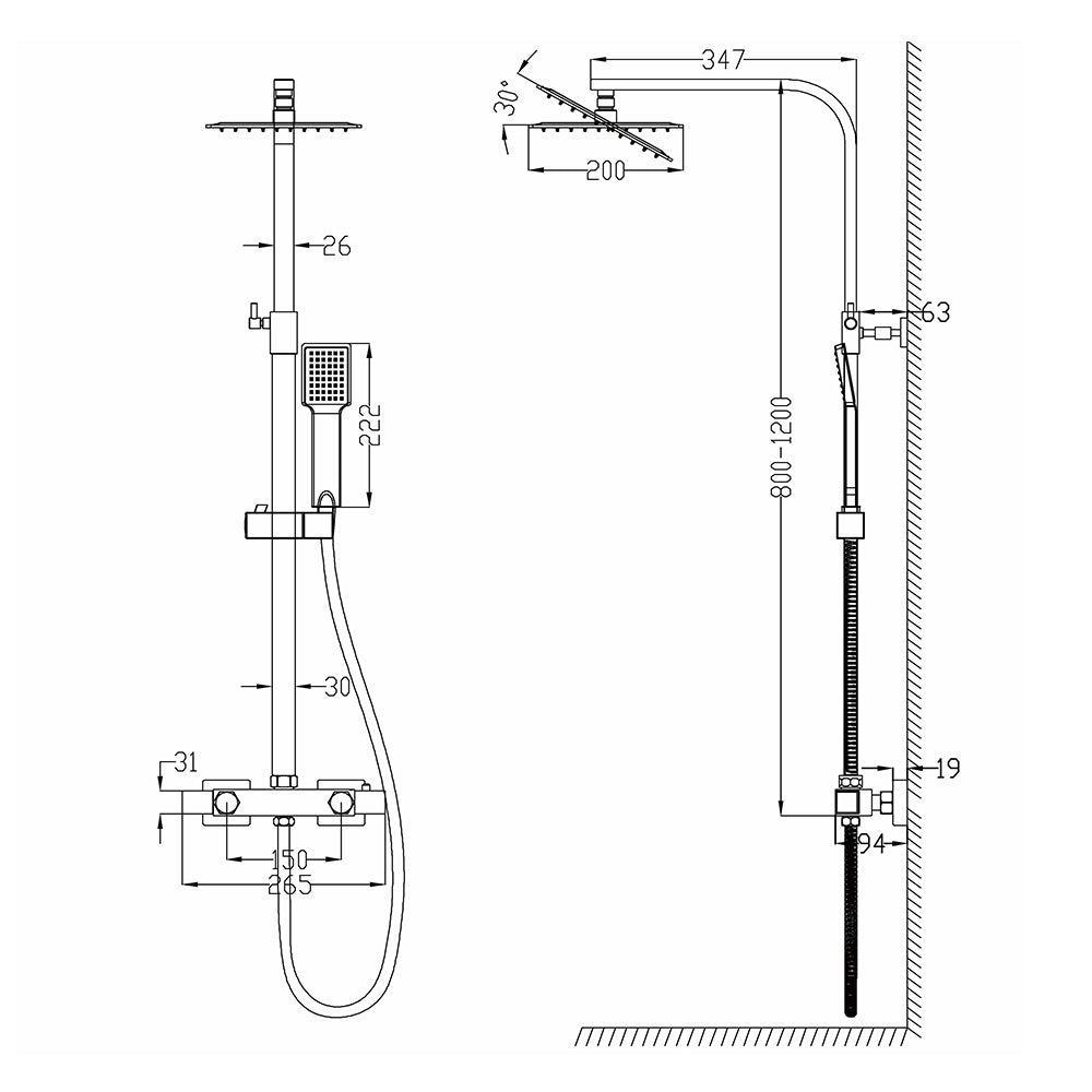 Modern Splash Thermostatic Exposed Shower Mixer Bathroom Square Bar Chrome Set
