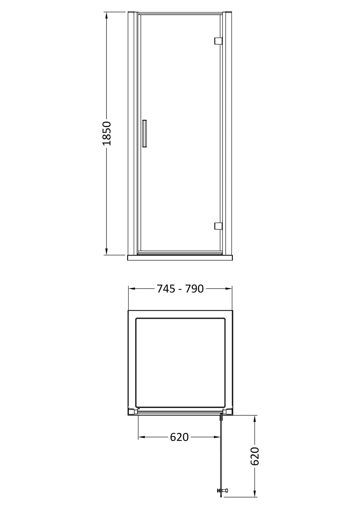 Modern Splash Pacific 800mm Chrome Hinged Shower Door - Square T Shape Handle
