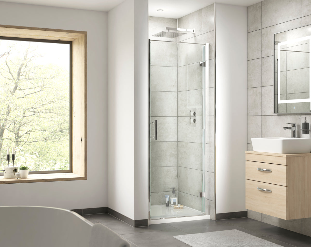 Modern Splash Pacific 900mm Chrome Hinged Shower Door - Square T Shape Handle