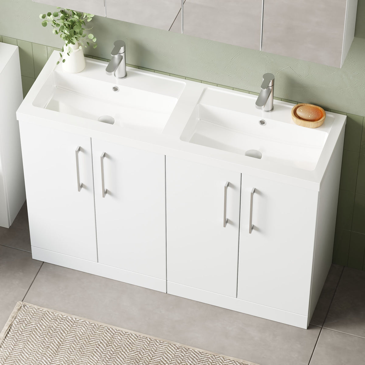 Modern Splash 1200mm Gloss White 4 Door Floor  Standing Vanity Unit With 2 Tap Hole Polymarble basin